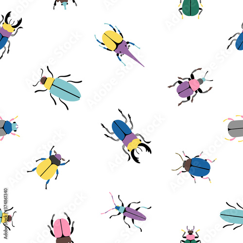 Colorful bugs seamless pattern. Cartoon cute insects of botanical icon set  vector illustration beetles of science of entomology isolated on white background