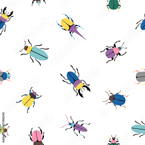 Colorful bugs seamless pattern. Cartoon cute insects of botanical icon set, vector illustration beetles of science of entomology isolated on white background