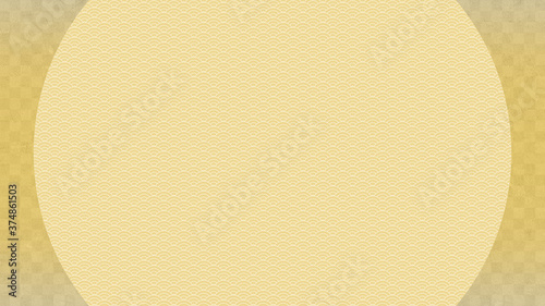 市松模様。円の中は青海波模様。金の背景。日本の伝統模様。
Checkered pattern. Gold background. Japanese traditional pattern.