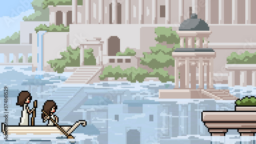 pixel art scene flooded ancient city