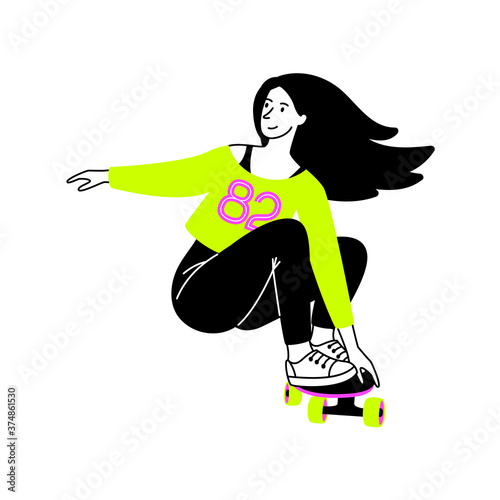Female on longboard. Cartoon girl on cool skateboard, concept of training for sport tricks, vector illustration teenage outdoors entertaining activity isolated on white background