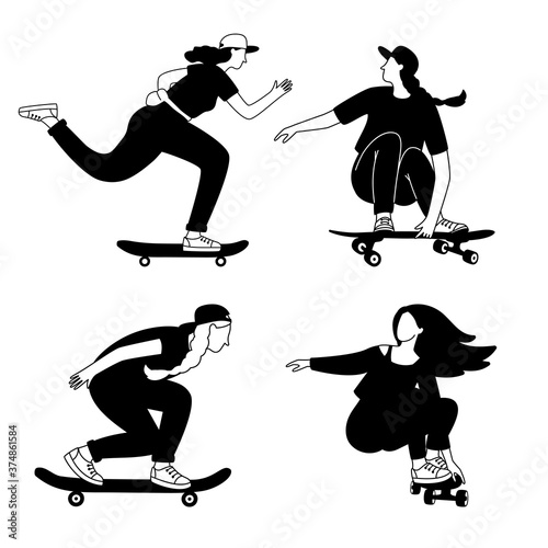 Girls skateboarding silhouettes. Cartoon young persons training tricks on longboards, sketches of street extreme sport, vector illustration of outdoors active