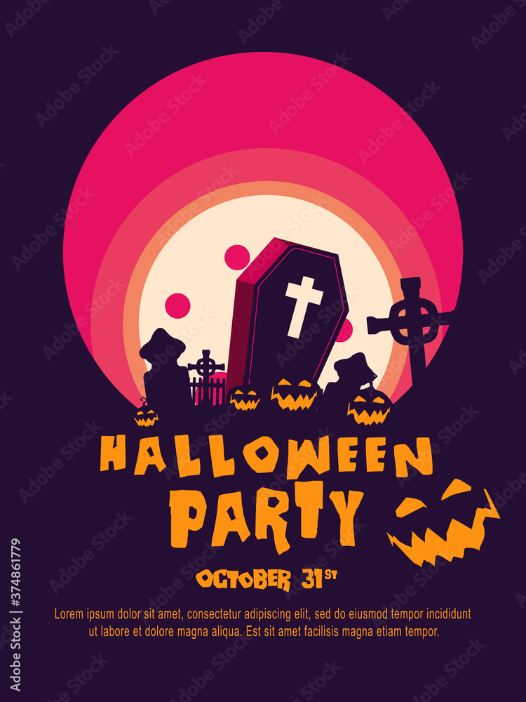 Halloween  background with tombstone, pumpkin, haunted house and full moon. Flyer or invitation template for Halloween party. silhouette Vector illustration.