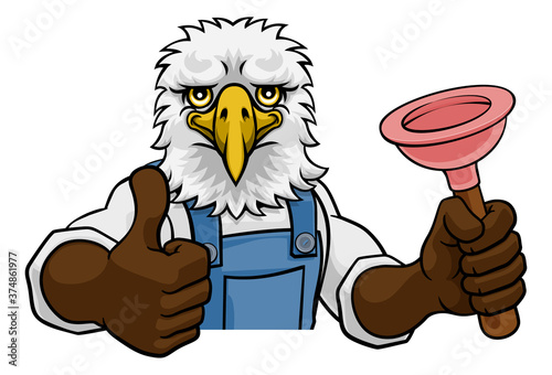 An eagle plumber cartoon mascot holding a toilet or sink plunger peeking round a sign giving a thumbs up