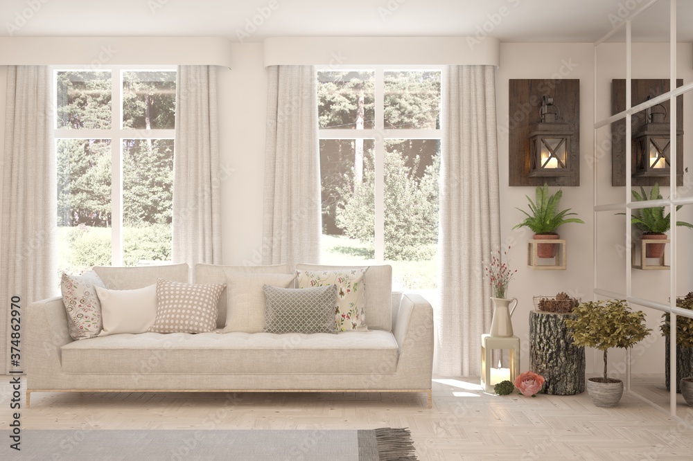 Fototapeta premium White living room with sofa and summer landscape in window. Scandinavian interior design. 3D illustration