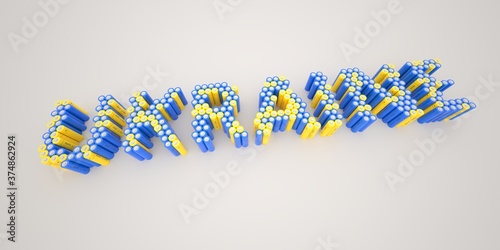 UKRAINE word made with batteries, wide shot. Modern electrical technologies conceptual 3d rendering