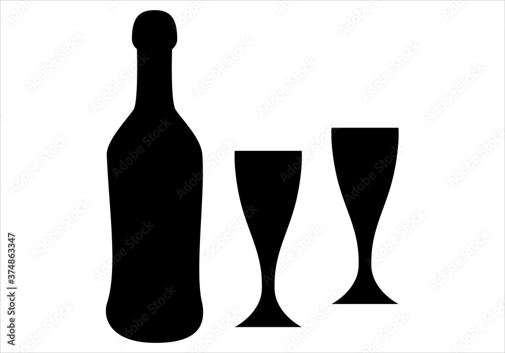 Icono de botella de champán con dos copas Icono de botella de champán con dos copas