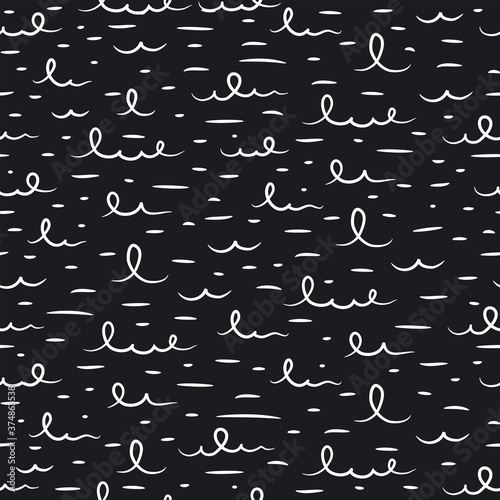 Water waves seamless pattern in stylized childish style. Black and white 