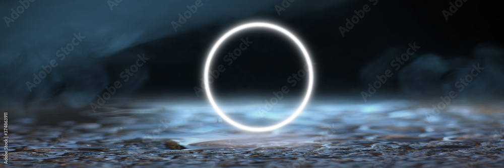 Obraz premium Lightning circle. Synth wave and retro wave, vaporwave futuristic aesthetics. Glowing neon style. Horizontal wallpaper, background. Stylish flyer for ad, offer, bright colors and smoke neoned effect.