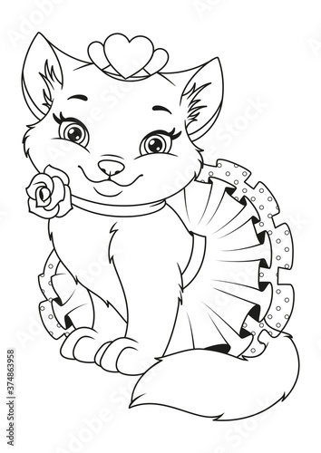Cat princess sitting coloring page for kids. Black and White vector illustration