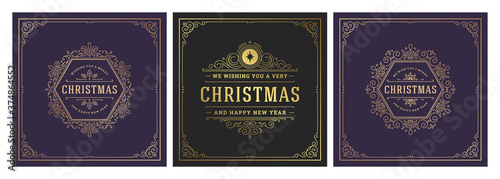 Christmas square banners vintage typographic design, ornate decorations symbols vector illustration