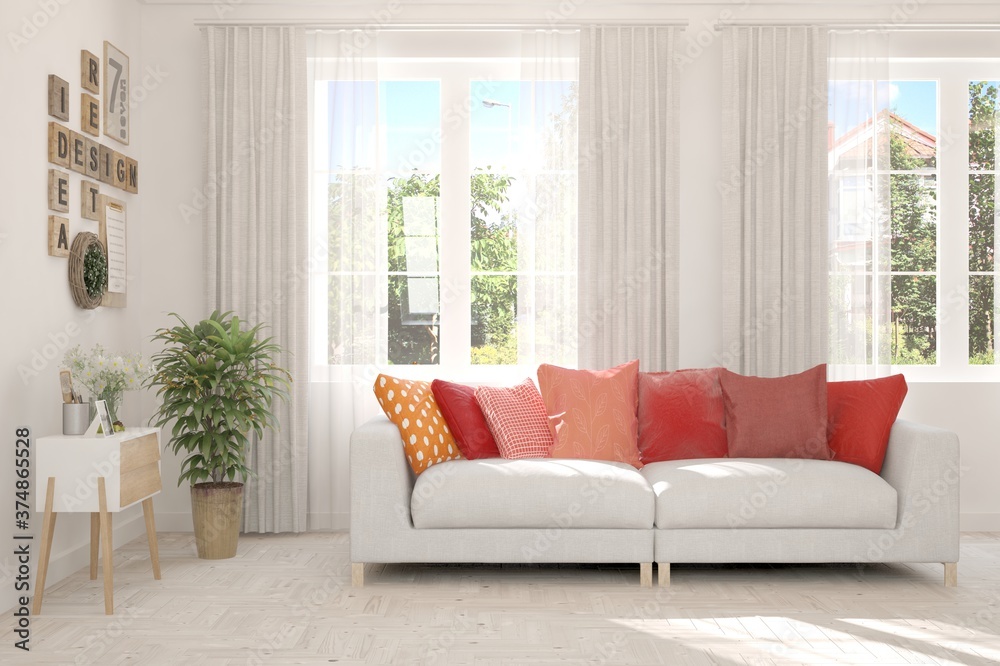 Fototapeta premium White living room with sofa and summer landscape in window. Scandinavian interior design. 3D illustration