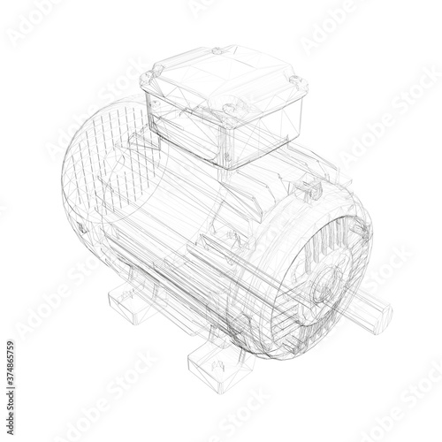 Wireframe of an electric motor Isolated on white background. Isometric view. 3D. Vector illustration