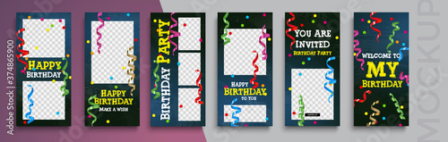 Happy Birthday Instagram stories editable template for social media.  Photo overlay with a birthday theme. Streaming.
