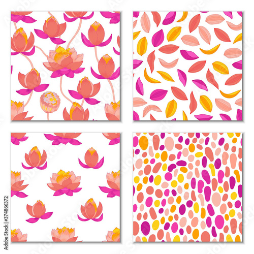 Lotus flowers vector seamless patterns set