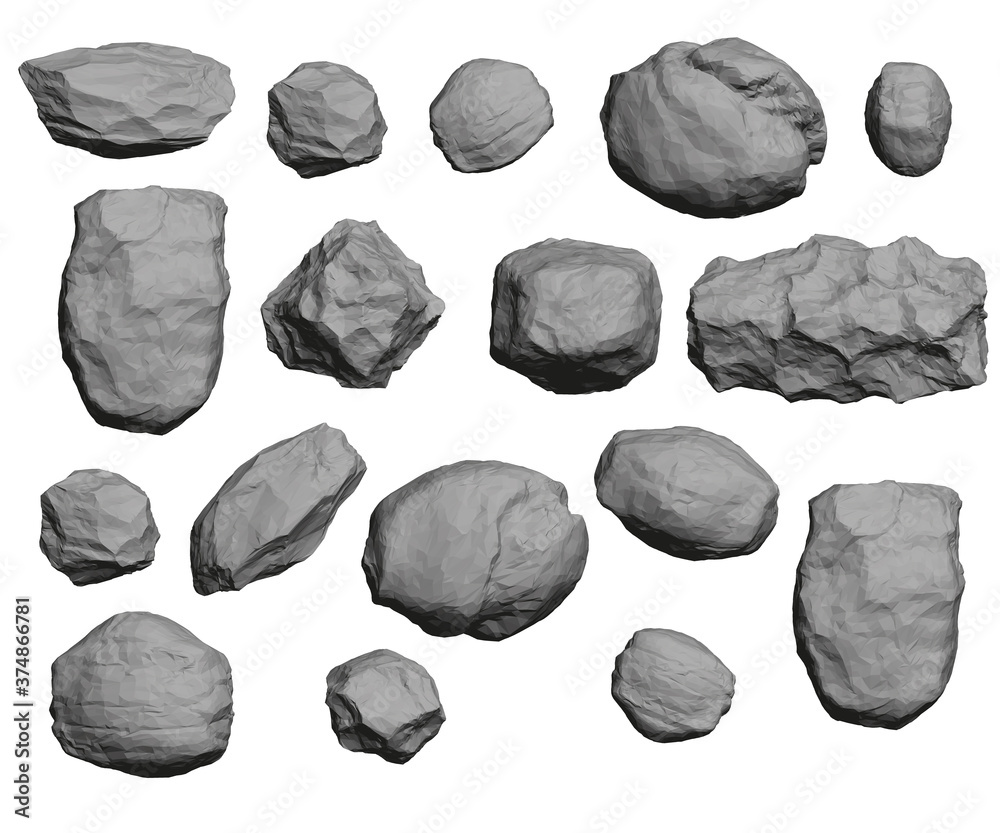 Set with stones of different shapes isolated on white background. Low poly gray stones. 3D. Vector illustration