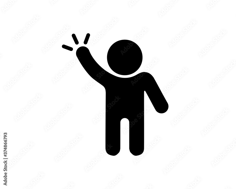 Hello pose solid icon. Hand waving gesture silhouette of man. Vector on isolated white background. EPS 10 Hello pose solid icon. Hand waving gesture silhouette of man. Vector on isolated white background. EPS 10