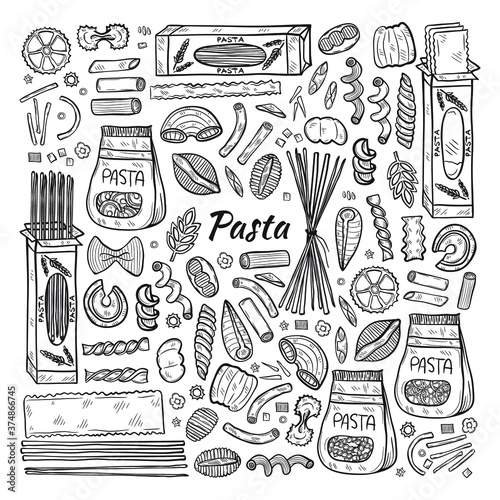 Hand drawn set with different types of pasta. Vector food illustration. May use as a coloring page