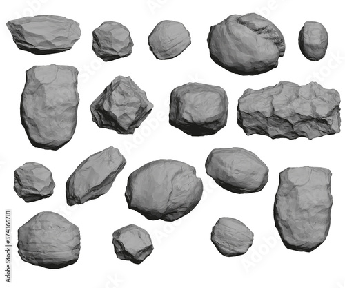 Set with stones of different shapes isolated on white background. Low poly gray stones. 3D. Vector illustration