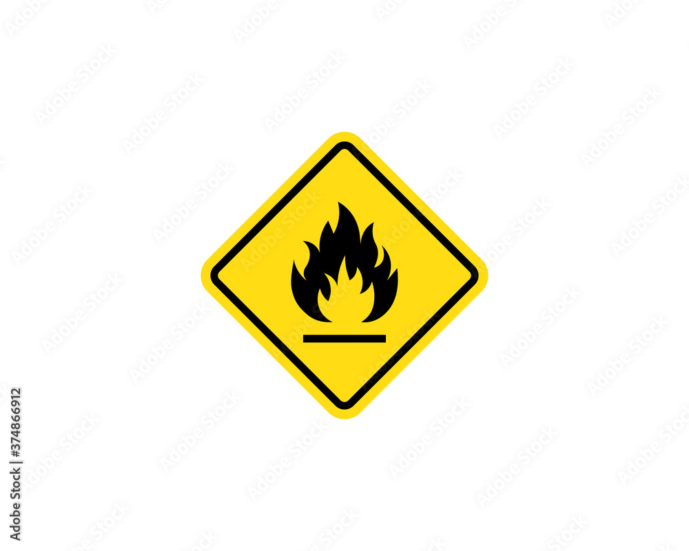 Flammable materials warning sign. Fire warning sign in yellow triangle. Inflammable substances icon. Vector on isolated white background. EPS 10 Flammable materials warning sign. Fire warning sign in yellow triangle. Inflammable substances icon. Vector on isolated white background. EPS 10