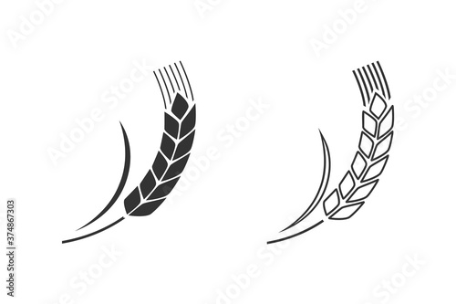 Wheat spike isolated on white background. Grain plant silhouette. Spica line icon set. 