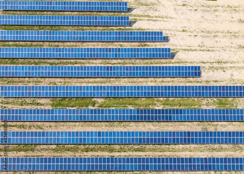 Solar panels on the field. Aerial view of alternative source of energy