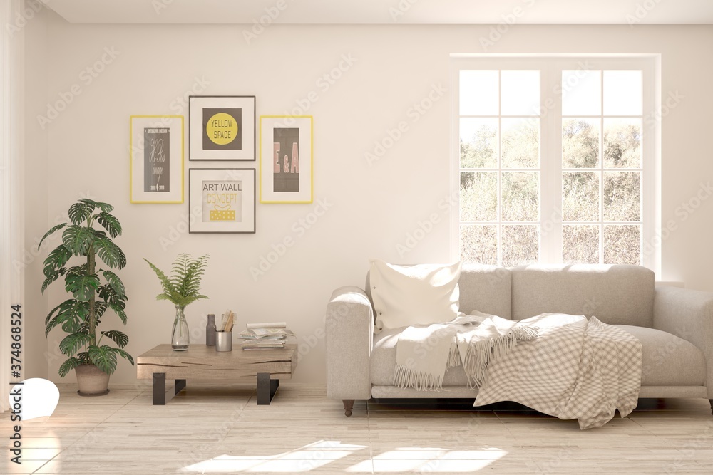 Naklejka premium White living room with sofa. Scandinavian interior design. 3D illustration