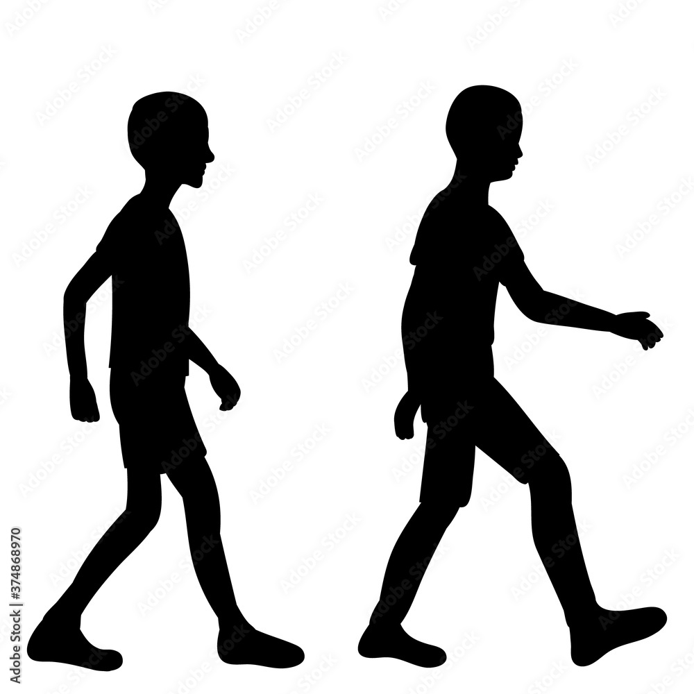 vector, isolated, silhouette of a boy walking one after another
