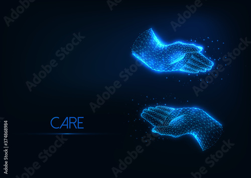 Futuristic protection, caring concept with glowing low polygonal embracing human hands