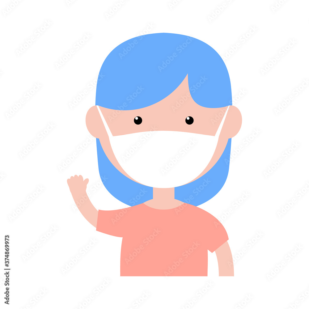 Cute little girl wearing in protective medical mask. Cartoon happy girl vector illustration isolated on white.