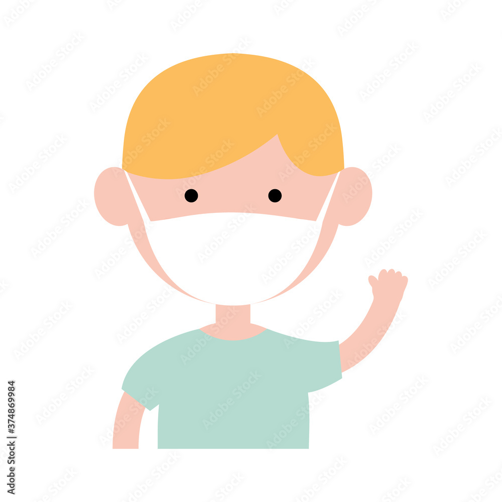Cute little boy wearing in protective medical mask. Cartoon happy boy vector illustration isolated on white. Cute little boy wearing in protective medical mask. Cartoon happy boy vector illustration isolated on white.