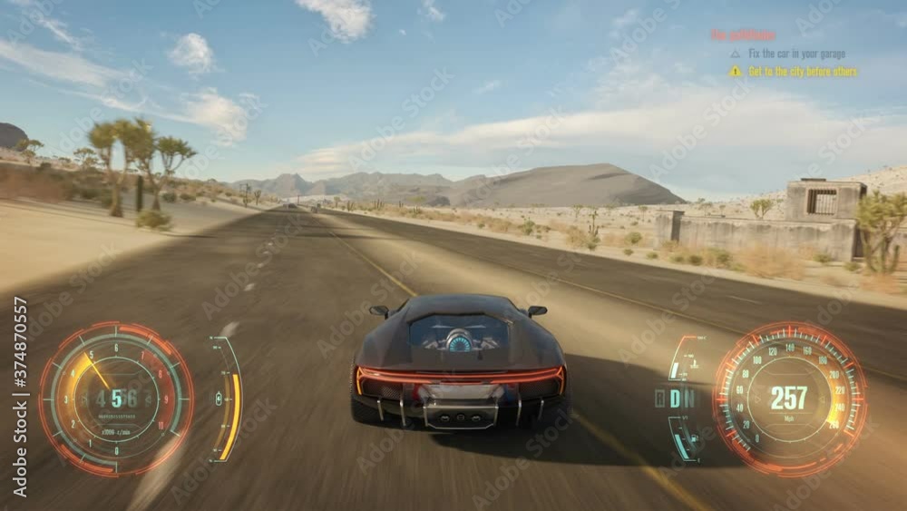 Fake 3D video game. Cyber race gameplay running across the desert
