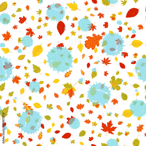 Vector seamless pattern with bright autumn leaves with ink stains. Fall background.