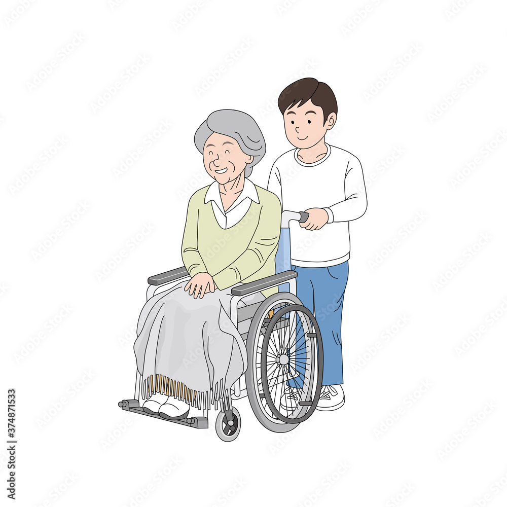 車椅子の祖母と孫 車椅子の祖母と孫