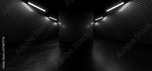 Fototapeta Naklejka Na Ścianę i Meble -  Dark hall with bright white neon lights on a black background. 3d rendering image.