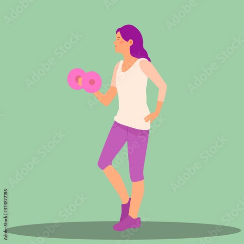 Young girl in sportswear lift weights and dumbbells, show muscles. Woman do sport, workout in leggings and sneakers. Vector cartoon isolated illustration. Print for textile, banner, stylish postcard