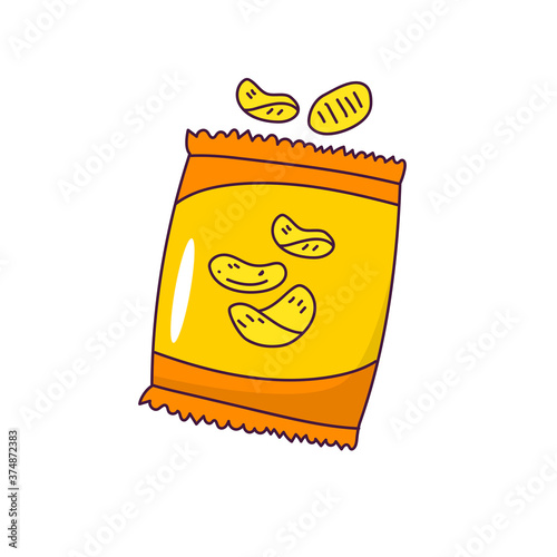 Bag of chips vector illustration in colorful hand drawn style isolated on white background 