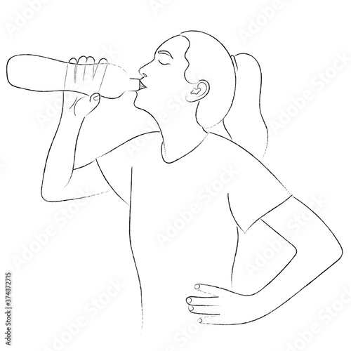 Sketch portrait of a girl in profile with a bottle of water in hand