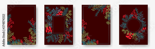 Watercolor herb twigs, tree branches, leaves floral invitation cards templates. Herbal corners romantic invitation cards with dandelion flowers, fern, mistletoe, eucalyptus leaves, savory twigs.