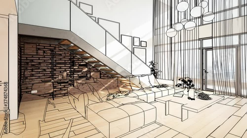 Contemporary Penthouse Mansarde with Stairs - loopable 3d visualization