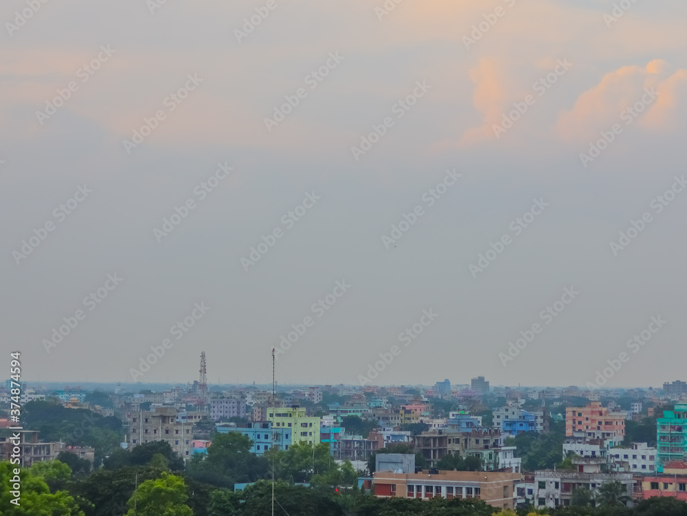 View of city skyline at sunset