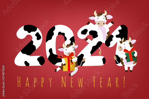 Happy New Year. 2021. New Year 2021. The inscription of the year with a bull jumping happily  holding a gift in his hand  looking happily into the future. Vector illustration for congratulations