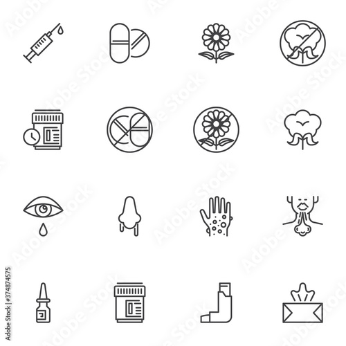 Allergic reaction line icons set, allergy symptoms outline vector symbol collection, linear style pictogram pack. Signs, logo illustration. Set includes icons as eczema hand, coughing, runny nose