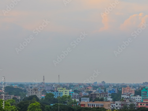 View of city skyline at sunset