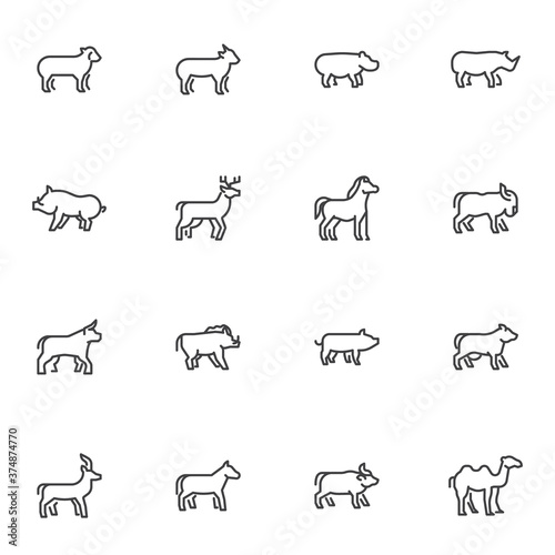 Mammal animals line icons set, outline vector symbol collection, linear style pictogram pack. Signs, logo illustration. Set includes icons as horse, camel, hippopotamus, sheep, goat, bison, bull, deer