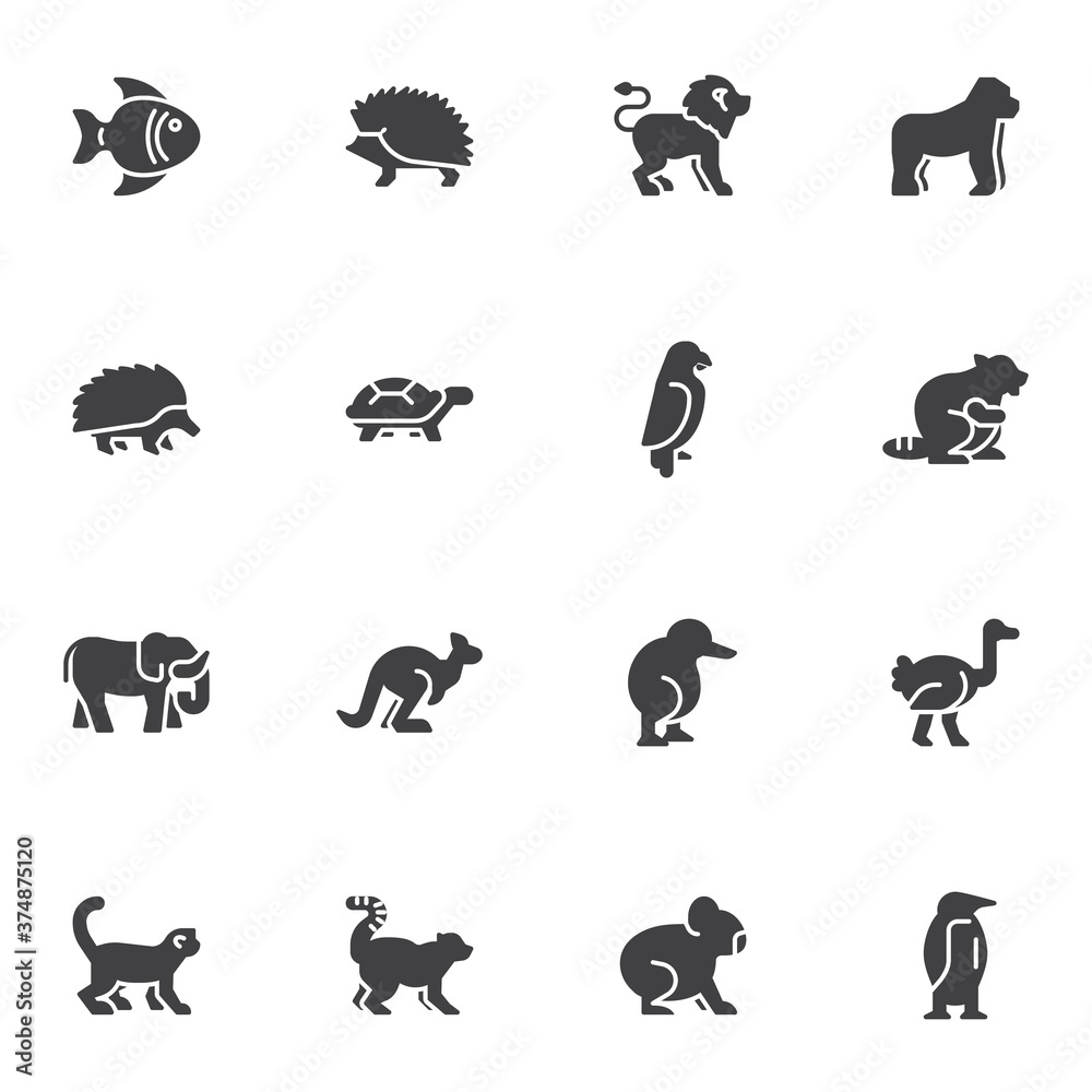 Animals side view vector icons set, modern solid symbol collection, filled style pictogram pack. Signs, logo illustration. Set includes icons as lion, monkey, elephant, koala, fish, hedgehog, bird