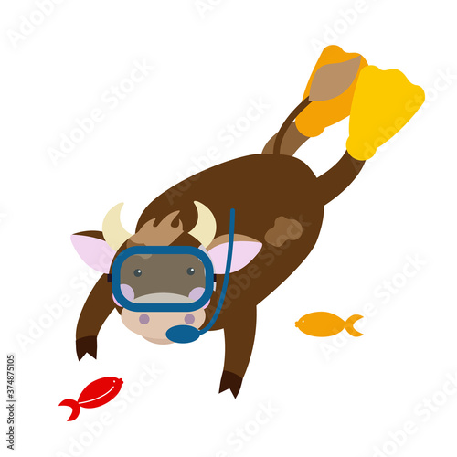 A cute brown goby swims surrounded by fish. A scuba diving lady swims on vacation. Summer vacation concept at sea. Vector image on a white background.