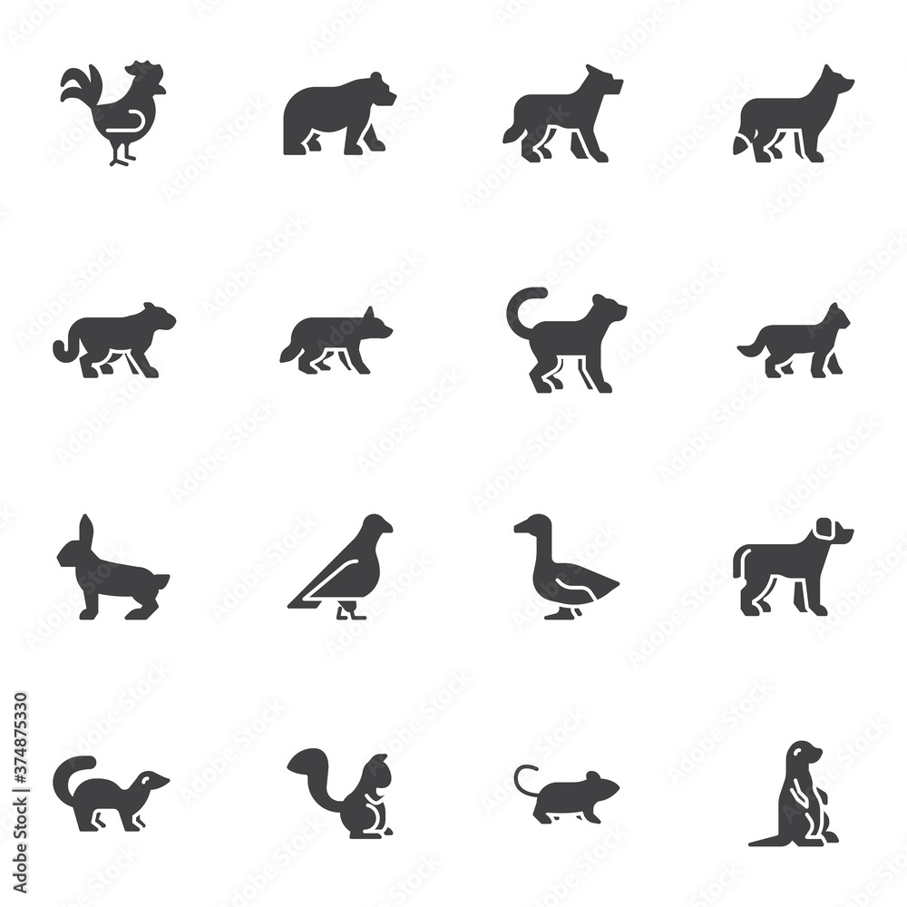 Zoo animals vector icons set, modern solid symbol collection, filled style pictogram pack. Signs, logo illustration. Set includes icons as grizzly bear, wolf, bird, cat, dog, fox, squirrel, marmot