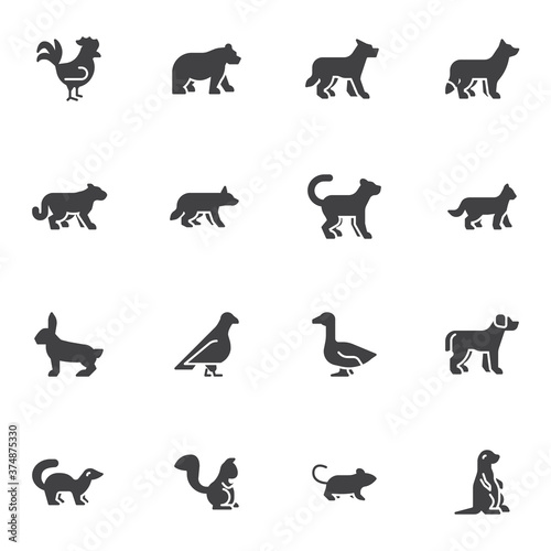 Zoo animals vector icons set, modern solid symbol collection, filled style pictogram pack. Signs, logo illustration. Set includes icons as grizzly bear, wolf, bird, cat, dog, fox, squirrel, marmot © alekseyvanin
