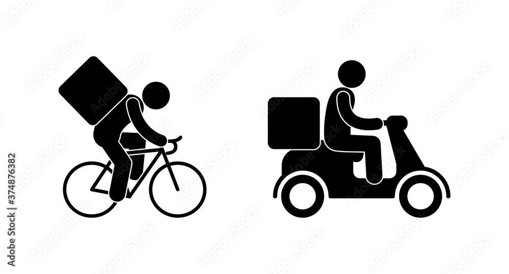 courier rides a moped icon, isolated pictogram man rides, food delivery sign, stick figure people courier rides a moped icon, isolated pictogram man rides, food delivery sign, stick figure people